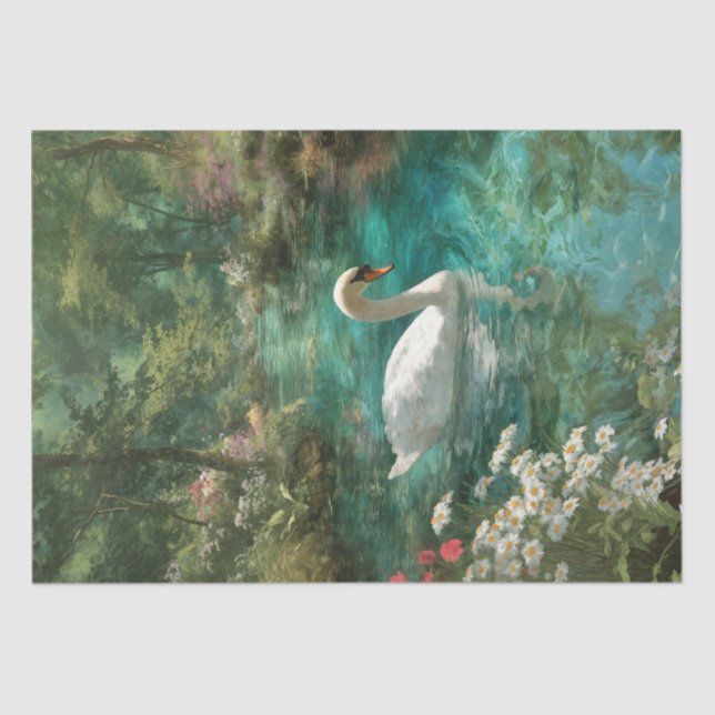 Whimsical Tranquil Swan on Forest Stream Tissue Paper (Front)