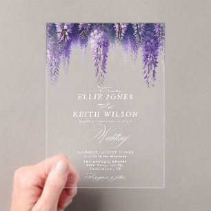 Whimsical Transparent Purple Floral Wedding Acrylic Invitations