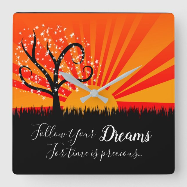 Whimsical Tree and Sunshine Square Wall Clock (Front)