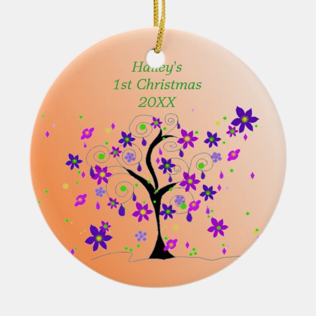 Whimsical Tree Baby's 1st Christmas Ceramic Ornament (Front)