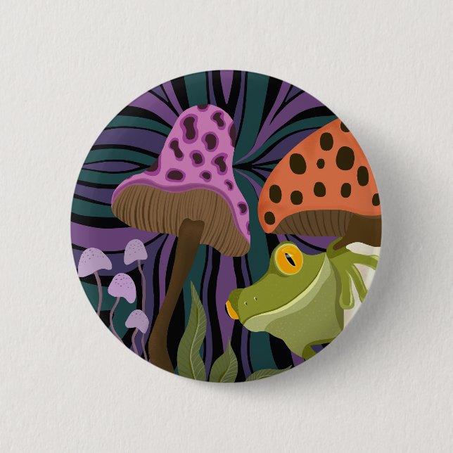 Whimsical Tree Frog And Mushrooms 2 Inch Round Button (Front)