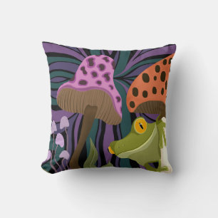 Whimsical Tree Frog And Mushrooms Throw Pillow