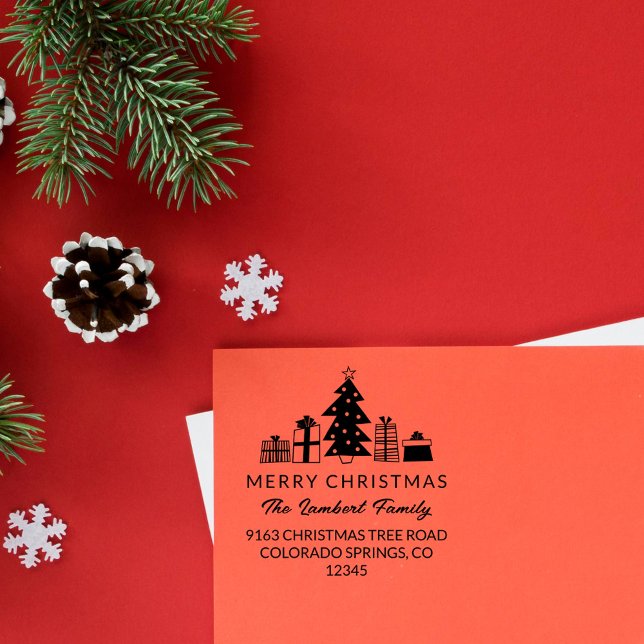 Whimsical Tree Merry Christmas Return Address Rubber Stamp (Creator Uploaded)