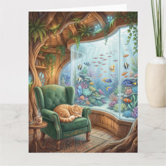 Whimsical Treehouse Interior with Sleeping Cat Card