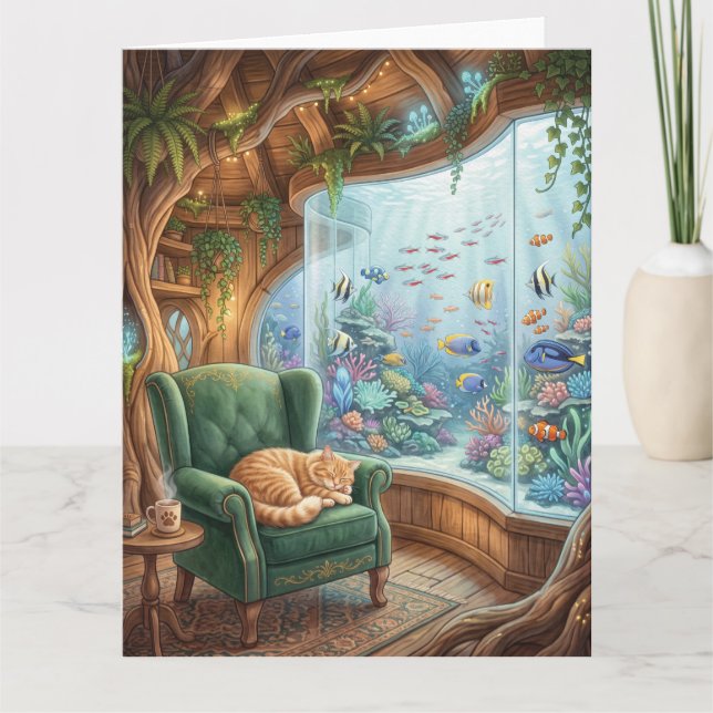 Whimsical Treehouse Interior with Sleeping Cat Card (Front)