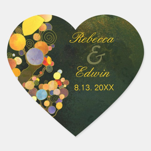 Whimsical Trees Rustic Wedding Favour Heart Sticker (Front)