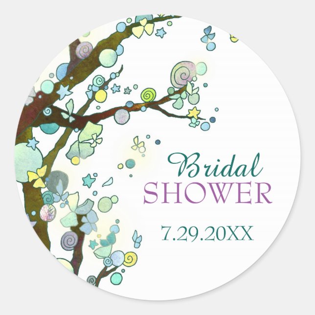 Whimsical Trees White Bridal Shower Classic Round Sticker (Front)