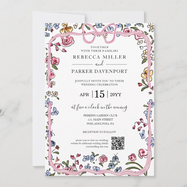 Whimsical trendy Wedding QR Code photo Invitation (Front)