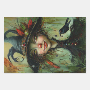 Whimsical Trio Witches Decoupage Wrapping Paper Sheet