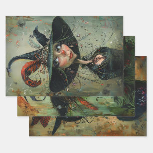 Whimsical Trio Witches Decoupage  Wrapping Paper Sheet