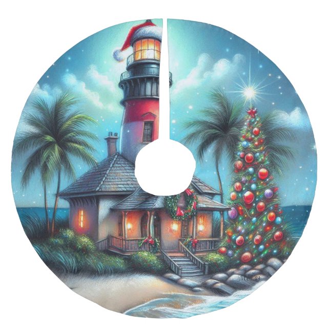 Whimsical Tropical Christmas Lighthouse Teal Red Brushed Polyester Tree Skirt (Front)