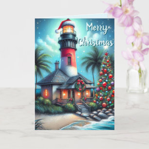 Whimsical Tropical Christmas Lighthouse Teal Red Card