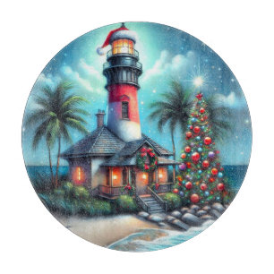 Whimsical Tropical Christmas Lighthouse Teal Red Cutting Board