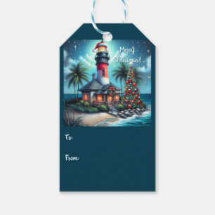 Whimsical Tropical Christmas Lighthouse Teal Red Gift Tags