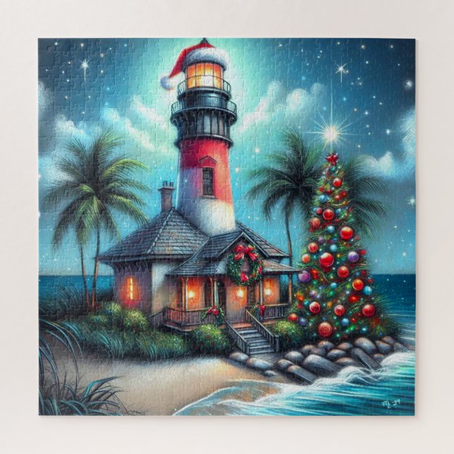 Whimsical Tropical Christmas Lighthouse Teal Red Jigsaw Puzzle (Vertical)