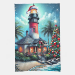 Whimsical Tropical Christmas Lighthouse Teal Red Kitchen Towel