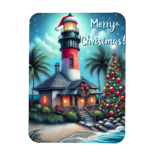 Whimsical Tropical Christmas Lighthouse Teal Red Magnet (Vertical)