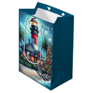 Whimsical Tropical Christmas Lighthouse Teal Red Medium Gift Bag