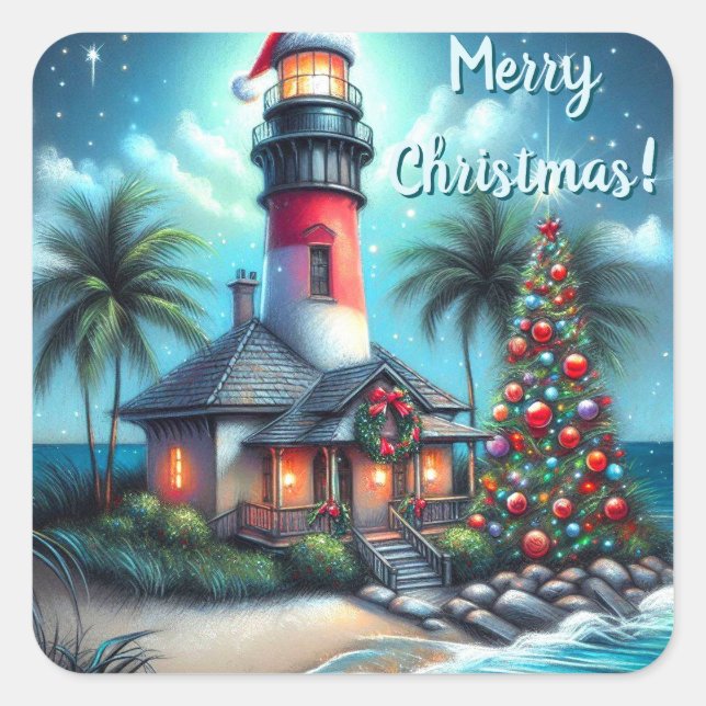 Whimsical Tropical Christmas Lighthouse Teal Red Square Sticker (Front)