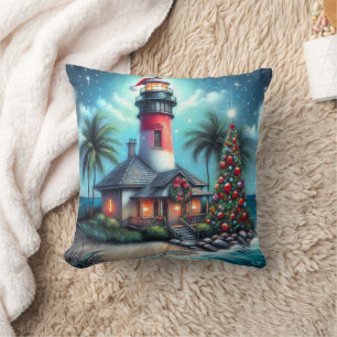 Whimsical Tropical Christmas Lighthouse Teal Red Throw Pillow