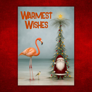 Whimsical Tropical Flamingo Beach Santa Christmas Holiday Card