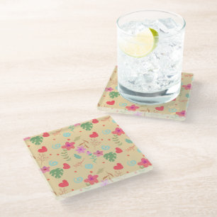  Whimsical Tropical Floral and Hearts Watercolor Glass Coaster
