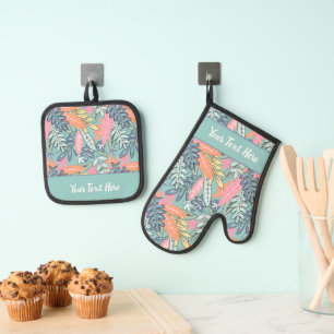Whimsical Tropical Floral Leaf Print Oven Mitt & Pot Holder Set