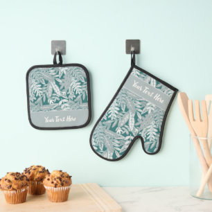 Whimsical Tropical Floral Leaf Print Oven Mitt & Pot Holder Set