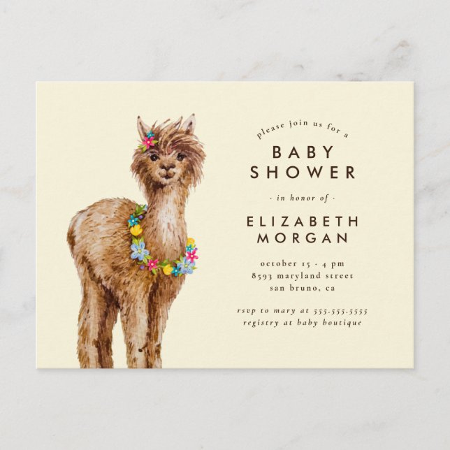 Whimsical Tropical Watercolor Alpaca Baby Shower Invitation Postcard (Front)