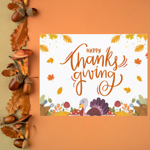 Whimsical Turkey and Autumn Leaves Thanksgiving Holiday Card