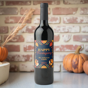 Whimsical Turkeys and Fall Leaves Thanksgiving Wine Label