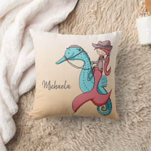 Whimsical Turquoise Mermaid Cowgirl Throw Pillow