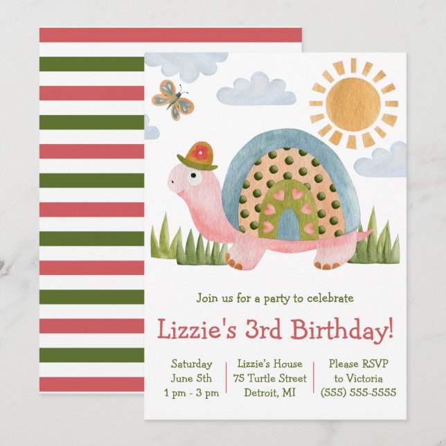 Whimsical Turtle Birthday Party Invitation (Front/Back)