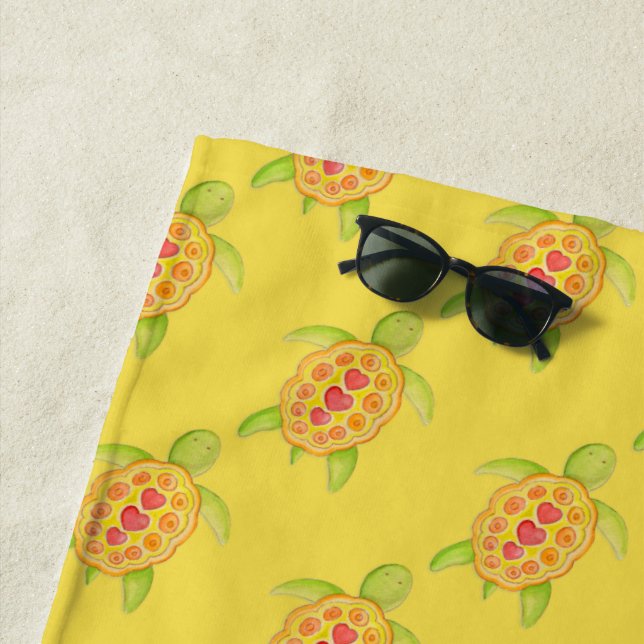 Whimsical turtle heart watercolor art yellow towel (In Situ)