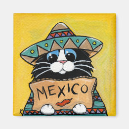 Whimsical Tuxedo Cat Mexican Hitchhiker Magnet