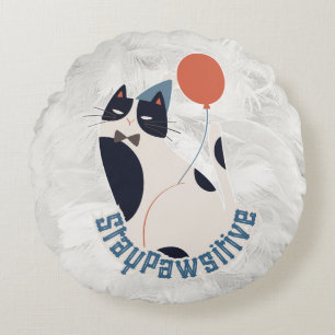 Whimsical Tuxedo Cat Stay Pawsitive Round Throw Pi Pillow