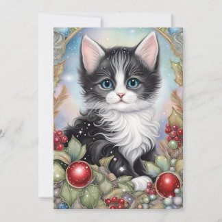 Whimsical Tuxedo Kitten Holly Berries Frame Holiday Card
