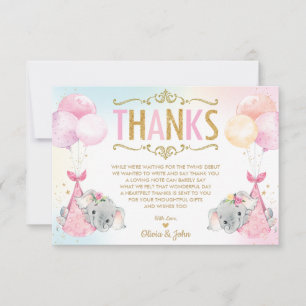 Whimsical Twin Girls Elephant Baby Shower Sprinkle Thank You Card