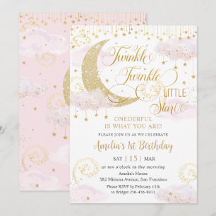 Whimsical Twinkle Little Star Pink 1st Birthday Invitation