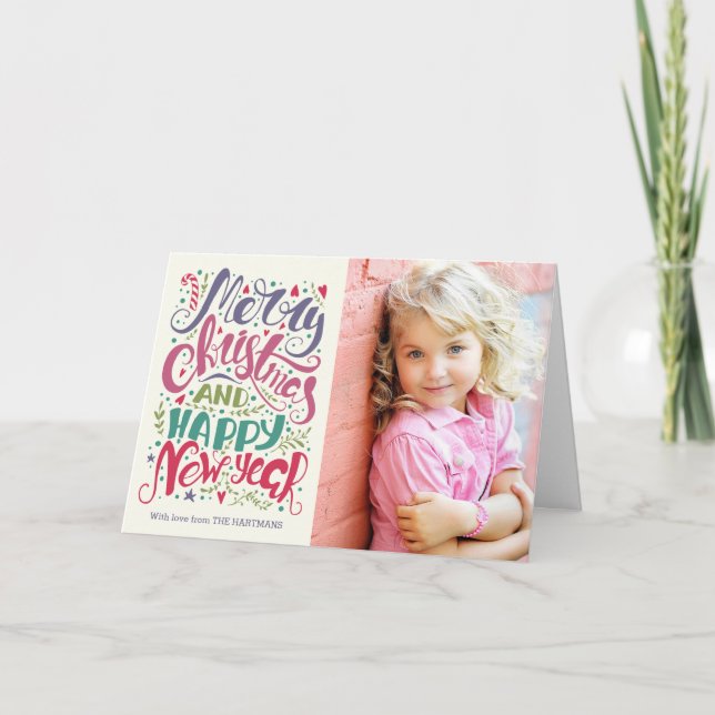 Whimsical Typography Photo Holiday Greeting Card (Front)