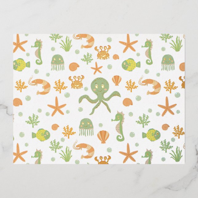 Whimsical Underwater Sea Creatures Foil Invitation Postcard (Front)