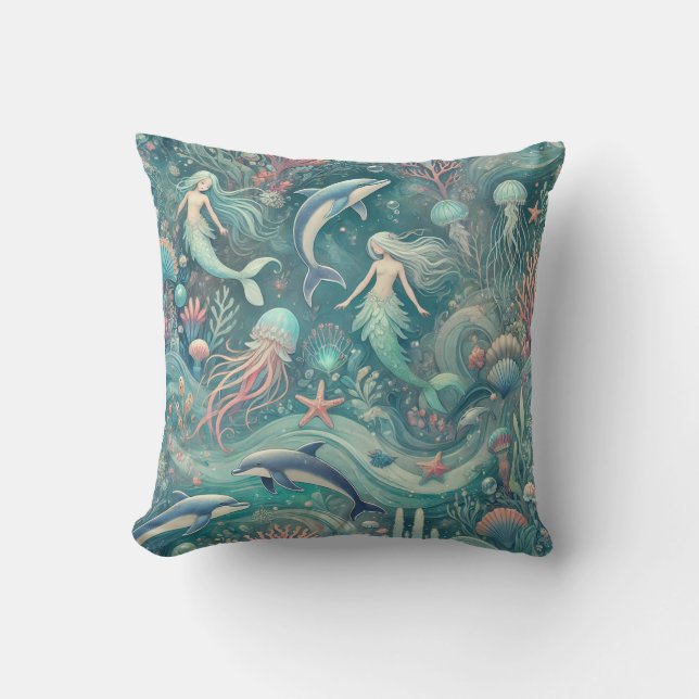 Whimsical Underwater World Throw Pillow (Front)