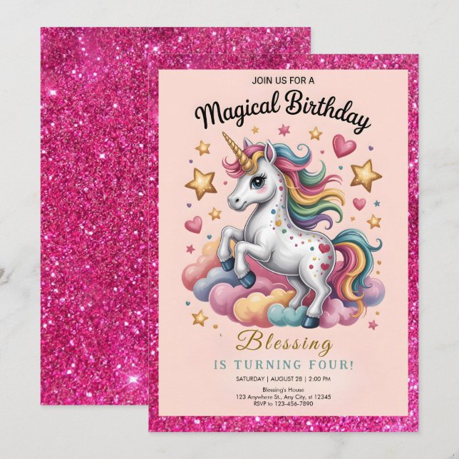 Whimsical Unicorn 4th Birthday Invitation (Front/Back)