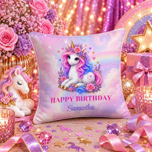 Whimsical Unicorn Birthday Girl Rainbow Throw Pill Pillow