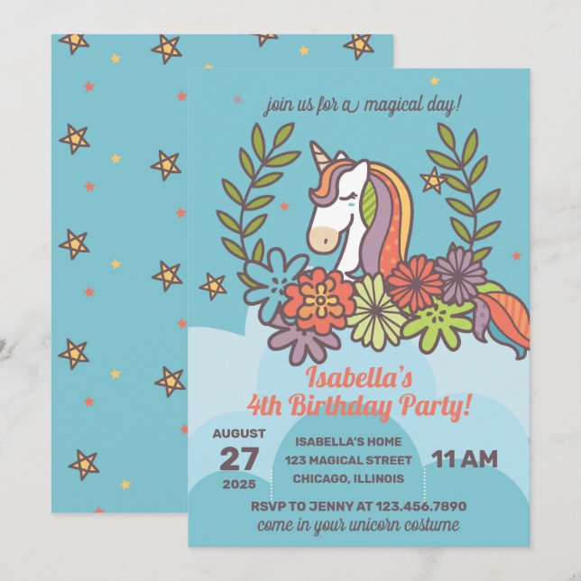 Whimsical Unicorn Birthday Party Invitation (Front/Back)