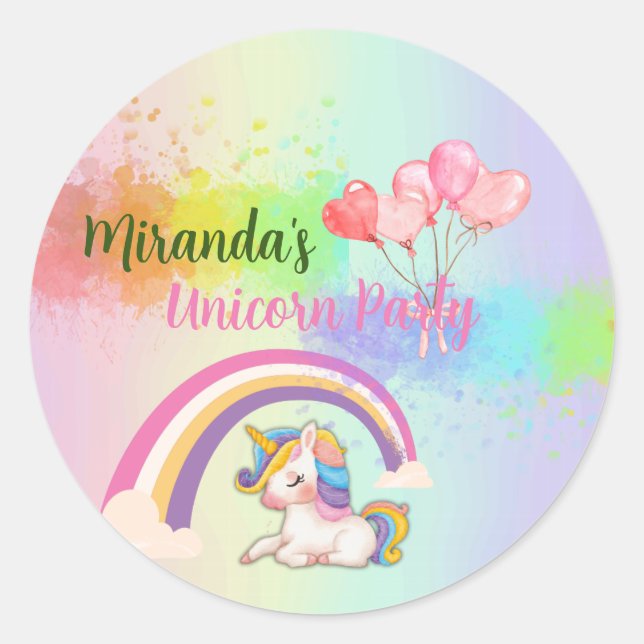 Whimsical Unicorn Birthday Party Stickers (Front)