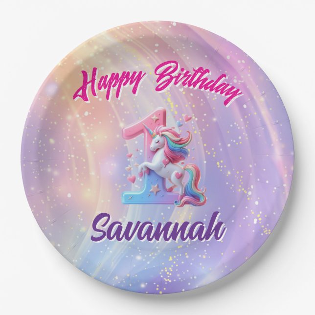 Whimsical Unicorn First Birthday Plates (Front)