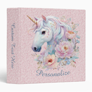 Whimsical Unicorn Floral Pink Glitter Personalized Binder