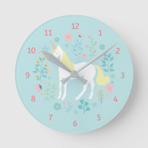 Whimsical Unicorn & Flowers Aqua Round Clock