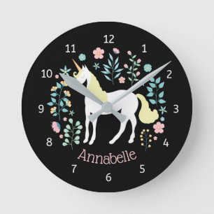 Whimsical Unicorn & Flowers Black Personalized Round Clock